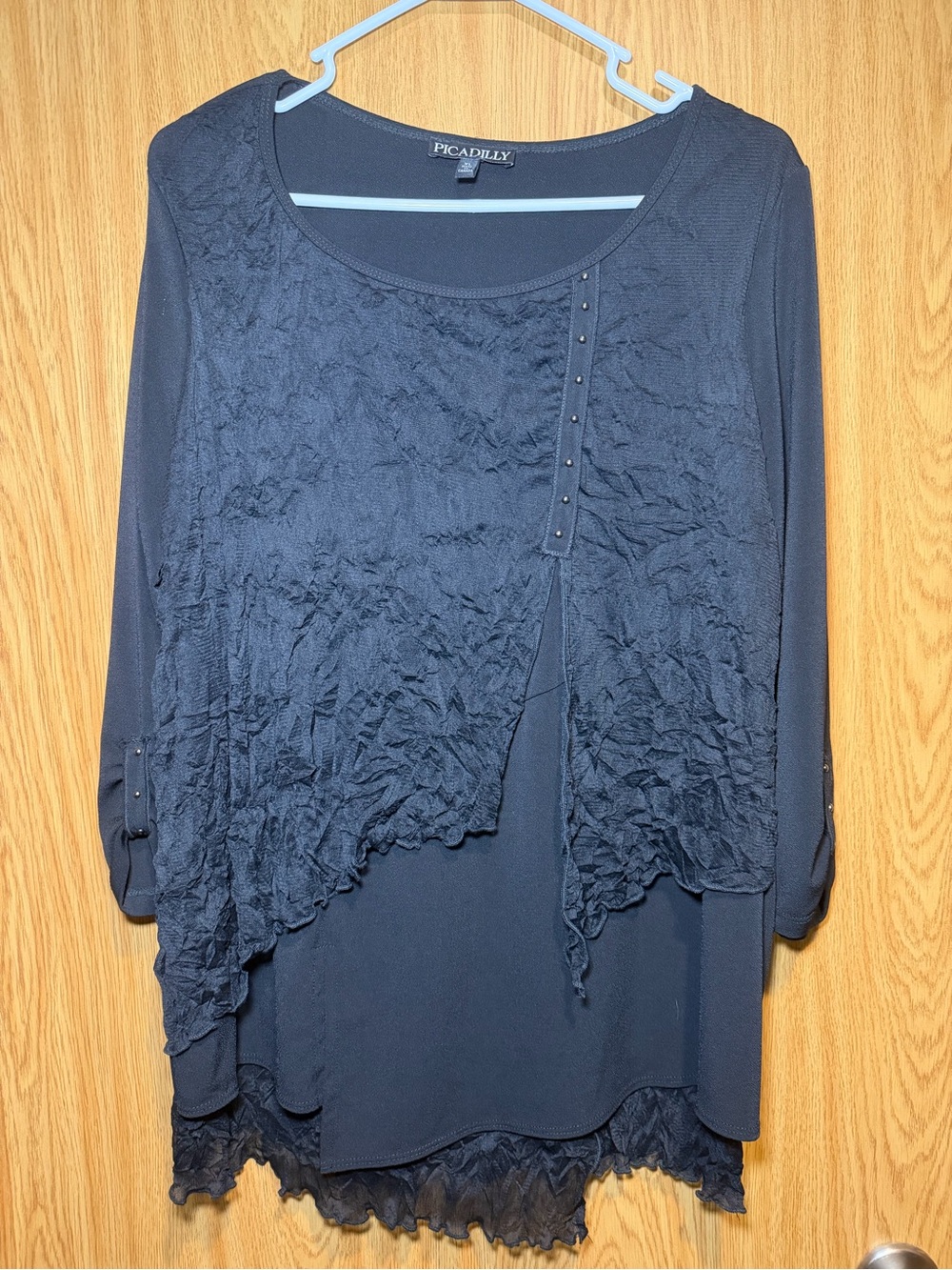 Picadilly Black Textured Asymmetrical Textured lace ruffle Layered blouse XL